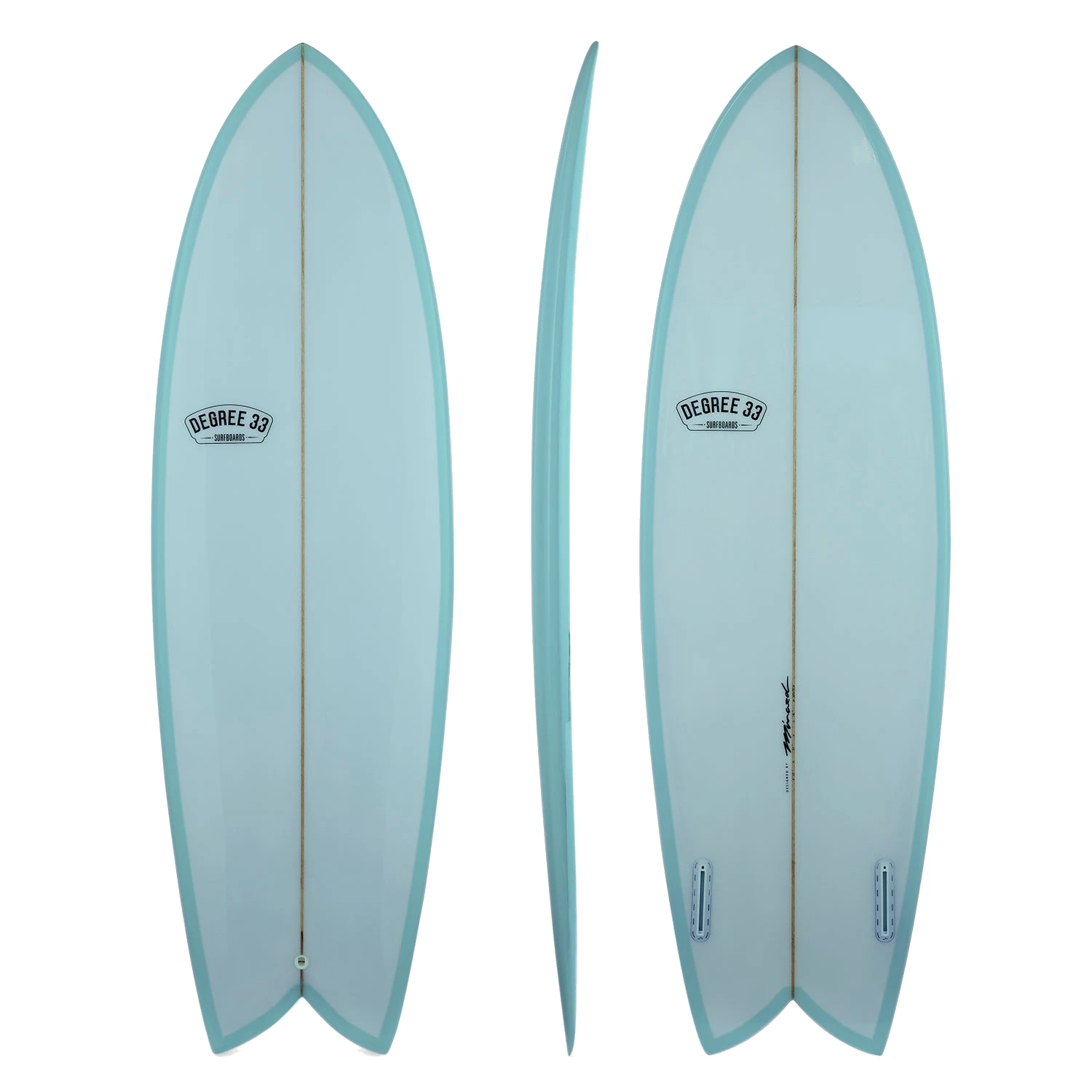 Retro Fish Twin Fin Surfboard Aqua Resin Tint (Poly) by Degree 33 Surfboards